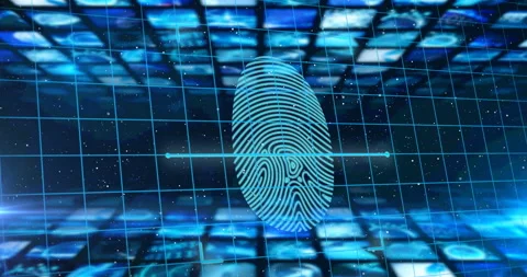 Security padlock and biometric fingerprint scanner over grid network against Stock Footage 150453196