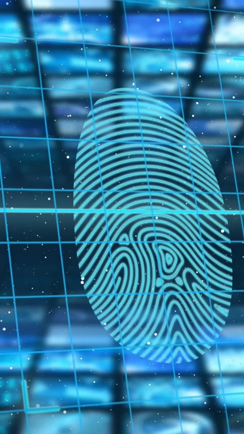 Security padlock and biometric fingerprint scanner over grid network against Stock Footage 331649618