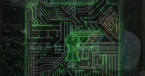 Security padlock and cyber security data processing against caucasian male Foto stock