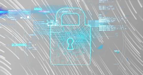 Security padlock and data processing against light trails on grey background Illustrazione stock