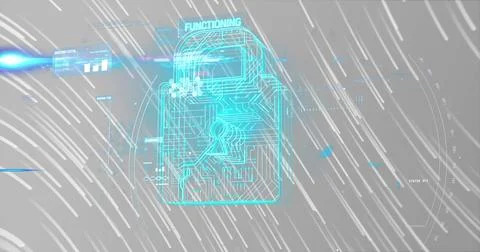 Security padlock and data processing against light trails on grey background Illustrazione stock