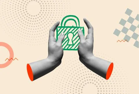 Security padlock and human hands in retro collage vector illustration Stock Illustration