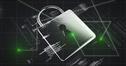 Security padlock and light trails against data processing on black background 写真素材