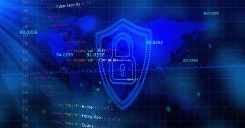 Security padlock and shield icon and stock market data processing over world map 스톡 사진