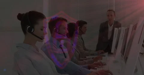 Security padlock and shield icons moving against customer service executives Stock Footage 135459917