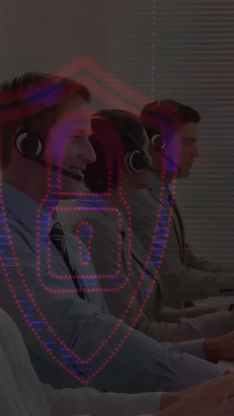Security padlock and shield icons moving against customer service executives Stock Footage 324022959