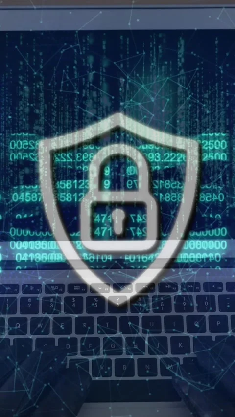 Security padlock, chain and network of connections against laptop on wooden Stock Footage 343641515