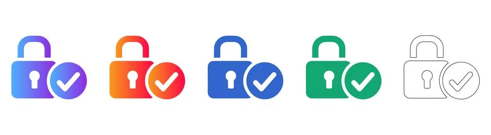 Security Padlock with Checkmark Icons Set Stock Illustration