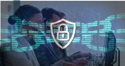 Security padlock, Digital chain against customer care executives working Stock Footage 139545212