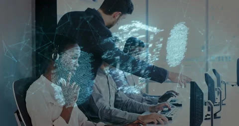 Security padlock, fingerprint scanner against customer care executives Stock Footage 139545675