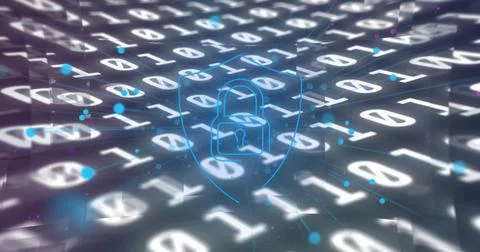 Security padlock icon against binary coding data processing on grey background Stockillustratie