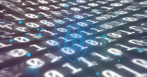 Security padlock icon against binary coding data processing on grey background Stock Photos