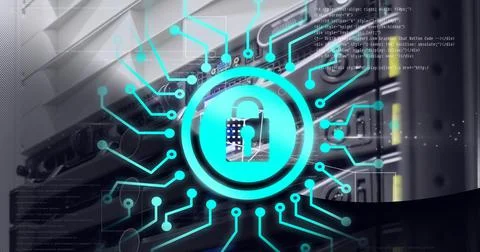 Security padlock icon against computer server room against black technology Foto stock