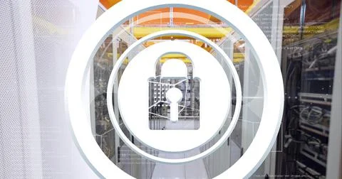 Security padlock icon against computer server room against grey technology Stock Photos