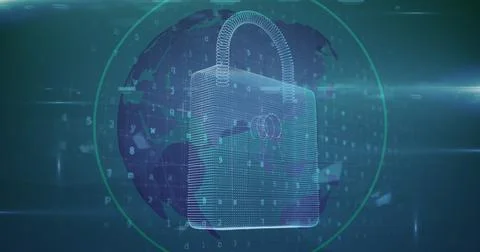 Security padlock icon against data processing over spinning globe Stock Illustration