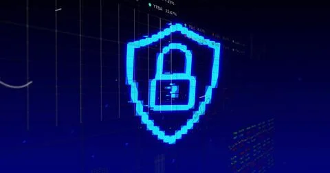 Security padlock icon against financial and stock market data processing against Stock Illustration