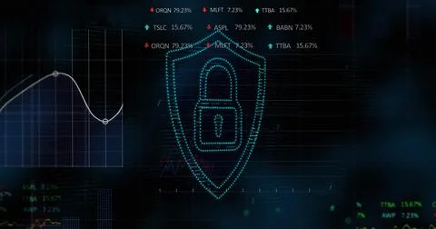 Security padlock icon against financial and stock market data processing against 库存插图