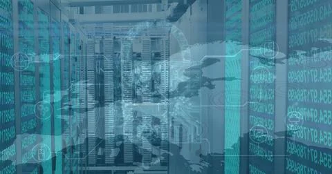 Security padlock icon and binary coding data processing against empty server 스톡 일러스트