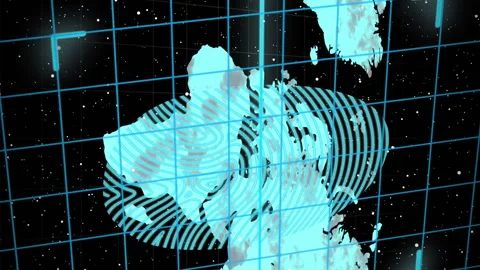 Security padlock icon and biometric fingerprint scanner over grid network Stock Footage 312409226
