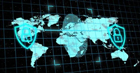 Security padlock icon and biometric fingerprint scanner over grid network Stock Illustration