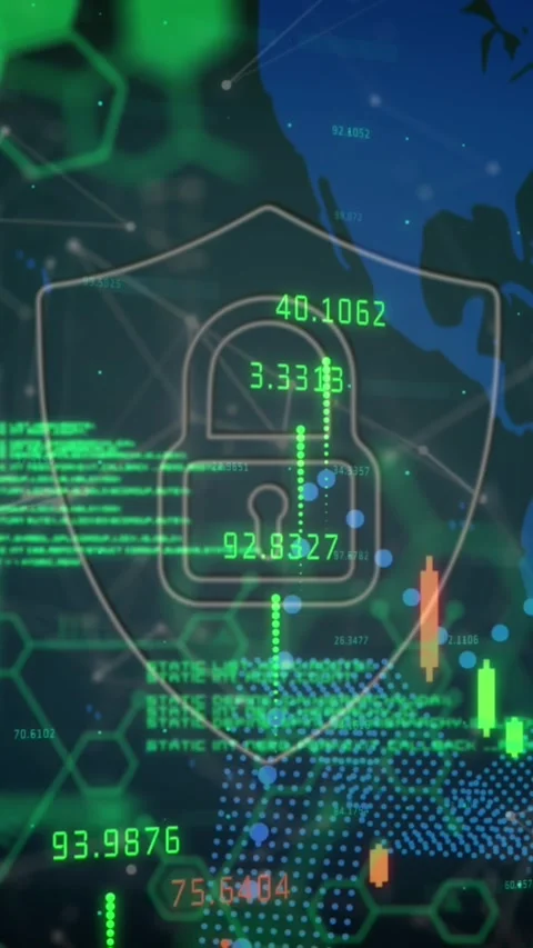 Security padlock icon and chemical structures against financial data processing 库存影片 322955592