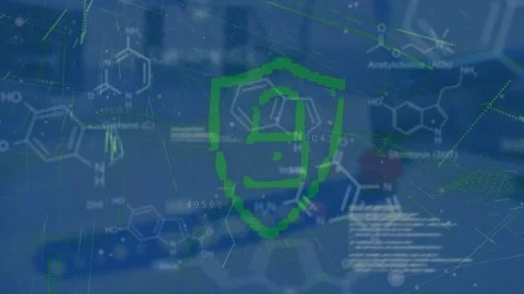 Security padlock icon and data processing against chemical structure and green 库存影片 327956234