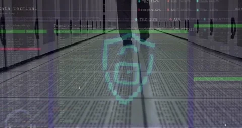 Security padlock icon and data processing over low section of engineer walking Stock Footage 330171452
