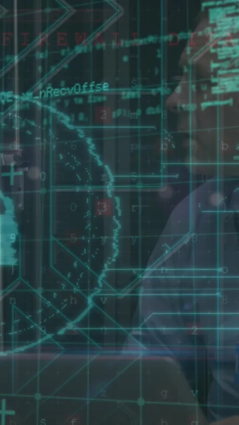 Security padlock icon and data processing against caucasian male engineer using Stock Footage 341920850