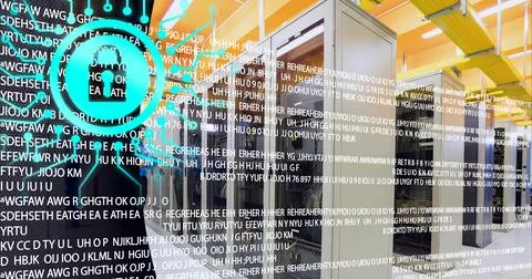 Security padlock icon and data processing over server room against black 库存插图