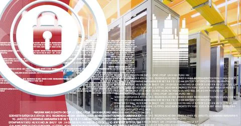 Security padlock icon and data processing over server room against red 스톡 일러스트