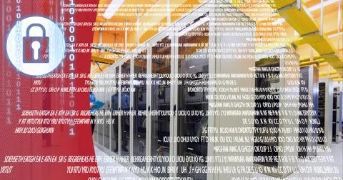 Security padlock icon and data processing over server room against red Stock Illustration