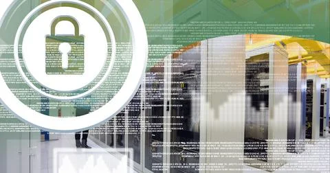 Security padlock icon and data processing over server room against green Stock Illustration