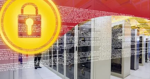 Security padlock icon and data processing over server room against red Stock Illustration