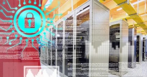 Security padlock icon and data processing over server room against red Stock Illustration