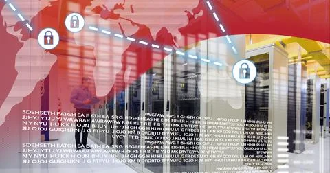 Security padlock icon and data processing over server room against red Stock Illustration