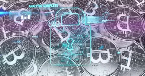 Security padlock icon and data processing against silver bitcoins Illustrazione stock
