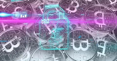 Security padlock icon and data processing against silver bitcoins Stock Illustration