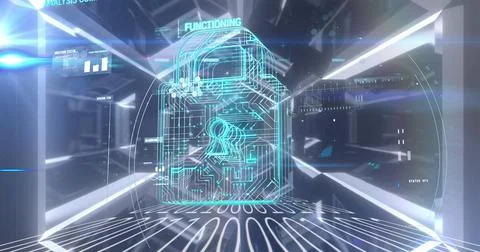 Security padlock icon and data processing against glowing tunnel Stockillustratie
