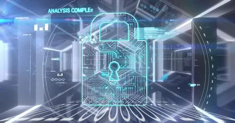 Security padlock icon and data processing against glowing tunnel Illustrazione stock