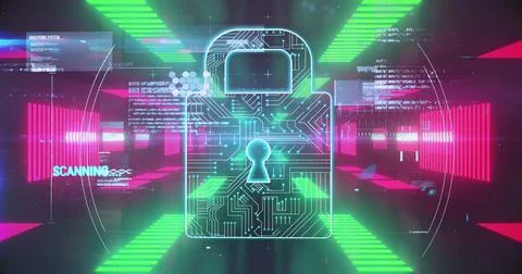 Security padlock icon and  data processing against glowing tunnel Illustrazione stock