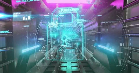 Security padlock icon and data processing against glowing tunnel 스톡 사진