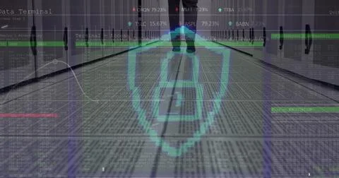 Security padlock icon and data processing over low section of engineer walking 写真素材