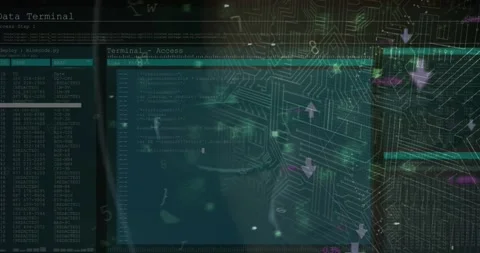 Security padlock icon and microprocessor connections against close up of a male 스톡 동영상 330468513