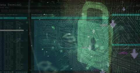 Security padlock icon and microprocessor connections against close up of a male Illustrazione stock