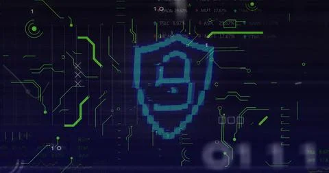 Security padlock icon and microprocessor connections against data processing on Stockfoto's