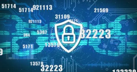 Security padlock icon and multiple changing numbers against blue background Stock Illustration