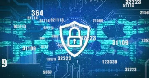 Security padlock icon and multiple changing numbers against blue background Foto stock