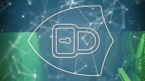 Security padlock icon and network of connections against empty computer server Stock Footage 312641711