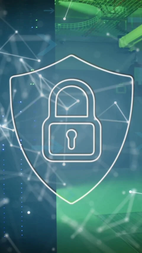 Security padlock icon and network of connections against empty computer server Stock Footage 324022695
