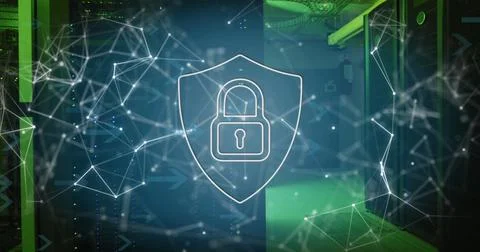 Security padlock icon and network of connections against empty computer server Stock Illustration